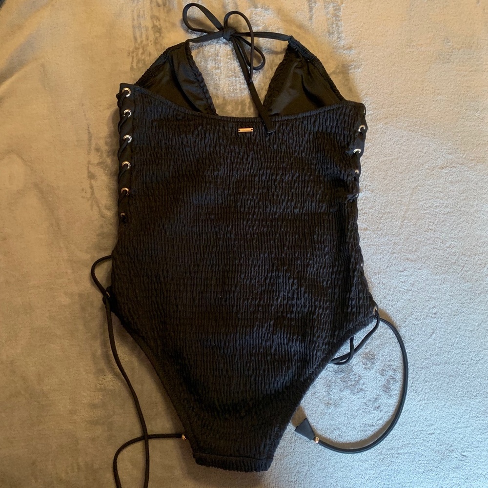 RARE Victoria's Secret Swim Black One Piece Side Tie Lace Up Smocked - Picture 5 of 16